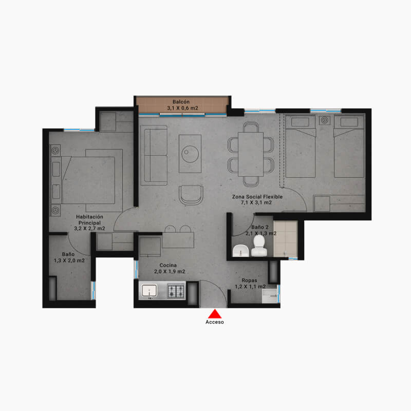 Plano modelo Apto. Obra gris proyecto Ágora